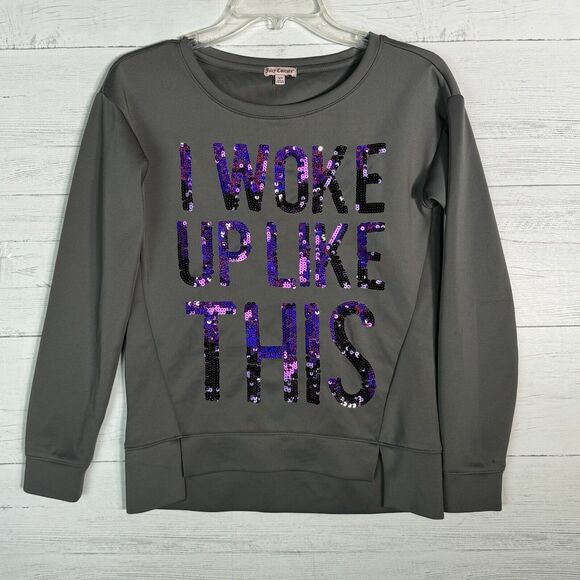 Juicy Couture I Woke Up Like This Gray Purple Sequin Sweatshirt Size XS - Picture 9 of 9